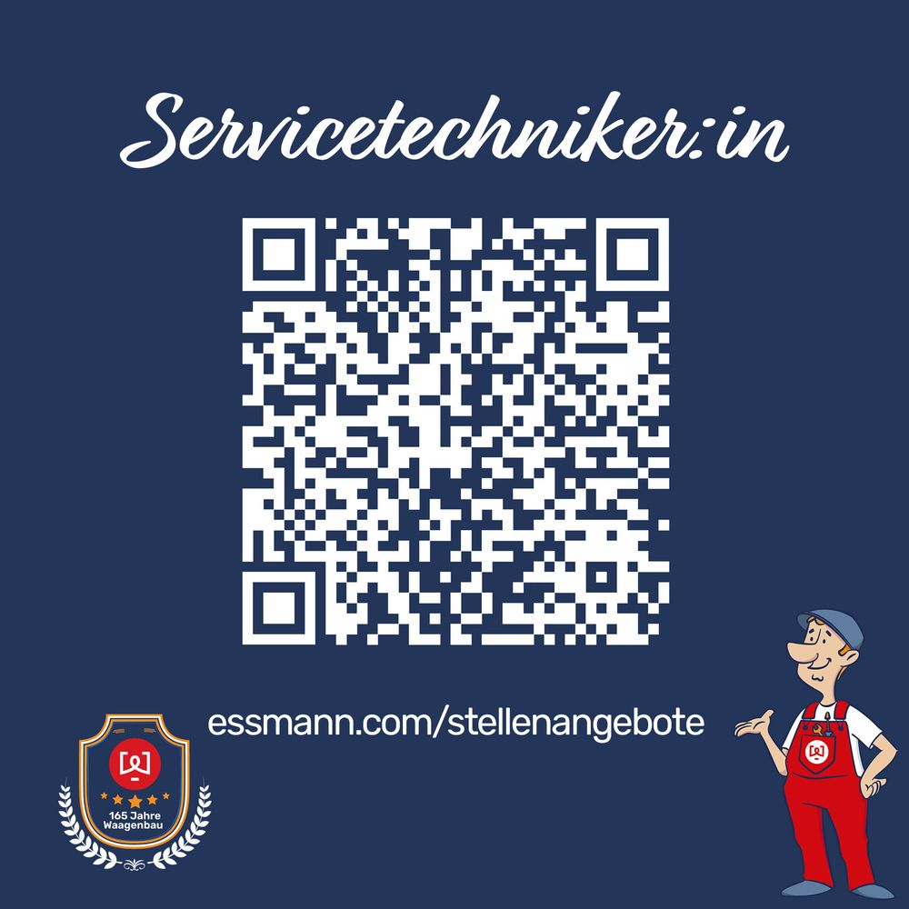 Dunkelblaue Textkachel mit dem Titel Servicetechniker:in, dem QR-Code direkt zum Stellenangebot und darunter einem Link zur Jobübersicht-Seite.