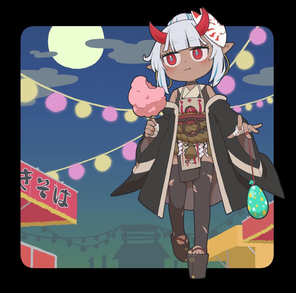 An illustration of Zoiteki holding half-eaten cotton candy and a small bag, the background shows a nighttime Japanese summer festival setting
