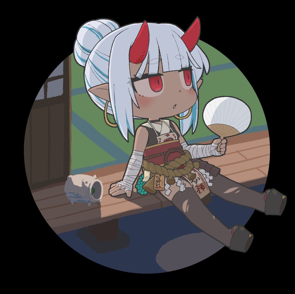 Illustration of a smol-style illustration of zoiteki. She is sitting on a wooden floor of a japanese styled house sticking her legs out.