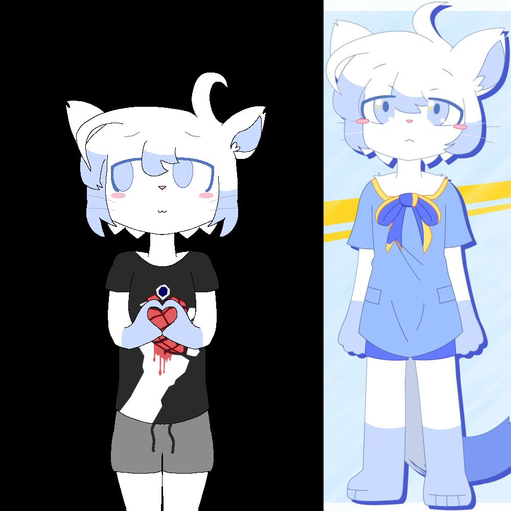 a drawing of routine making a heart with their hands while shyly looking to the side. they're wearing a band tee, the american idiot album cover.

they're standing beside their reference image. taken straight from a wiki page:
Routine is a small, anthropomorphic cat character with mostly white fur and light blue markings around their cheeks, ears, and tail tip. They wear a sky-blue sailor-style romper featuring a yellow-trimmed neckline and a matching bow at the front. Their eyes are a pale blue, and they have small pink blush spots on their cheeks and a little pink nose. Their paws are in the same blue as their shorts, which are mostly hidden by the oversized romper, and their legs and paws fade from white at the top to blue at the bottom.
