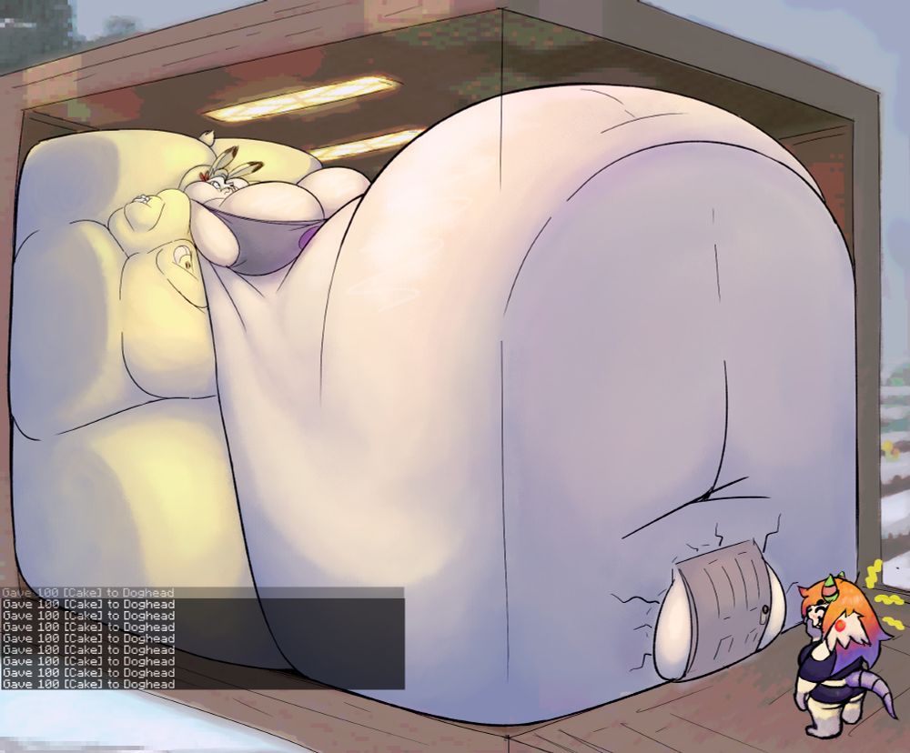 Doghead (Yellow rabbit) taking up a whole house with his blubber, rapidly gaining weight. There's text from the Minecraft themed chat in the bottom left corner that says "Gave 100 [Cake] to Doghead" implying that Chaia (rat lady), in the bottom right corner, is inputting the commands responsible for fattening him up. She snickers at his misfortune while watching the door on the house threaten to burst due to his weight.