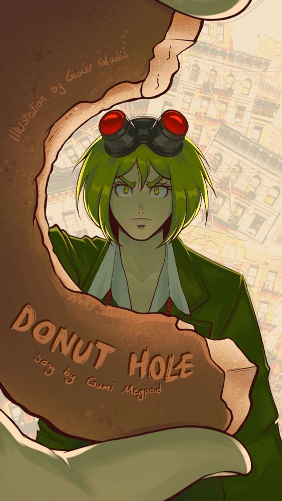 Gumi Megpoid holding a half-eaten donut close to the camera