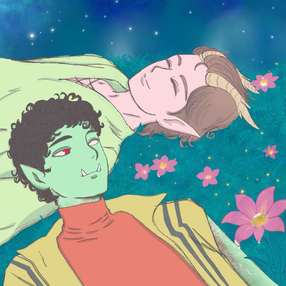 Un orco y un tiefling tirados sobre la hierba, con flores alrededor
