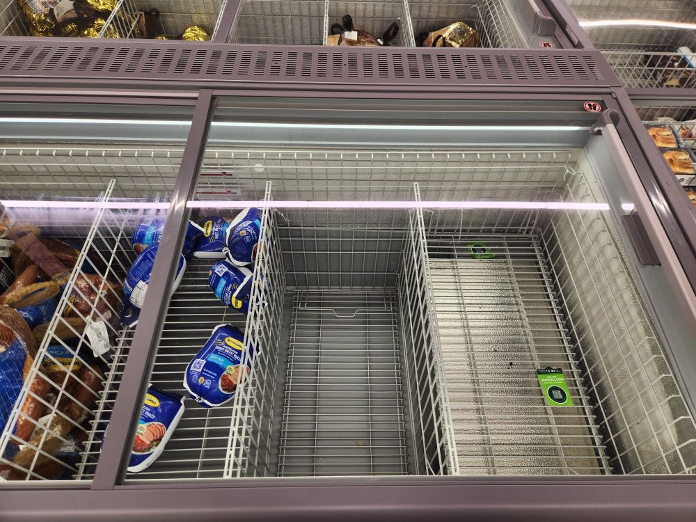 A mostly empty freezer case at Aldi.