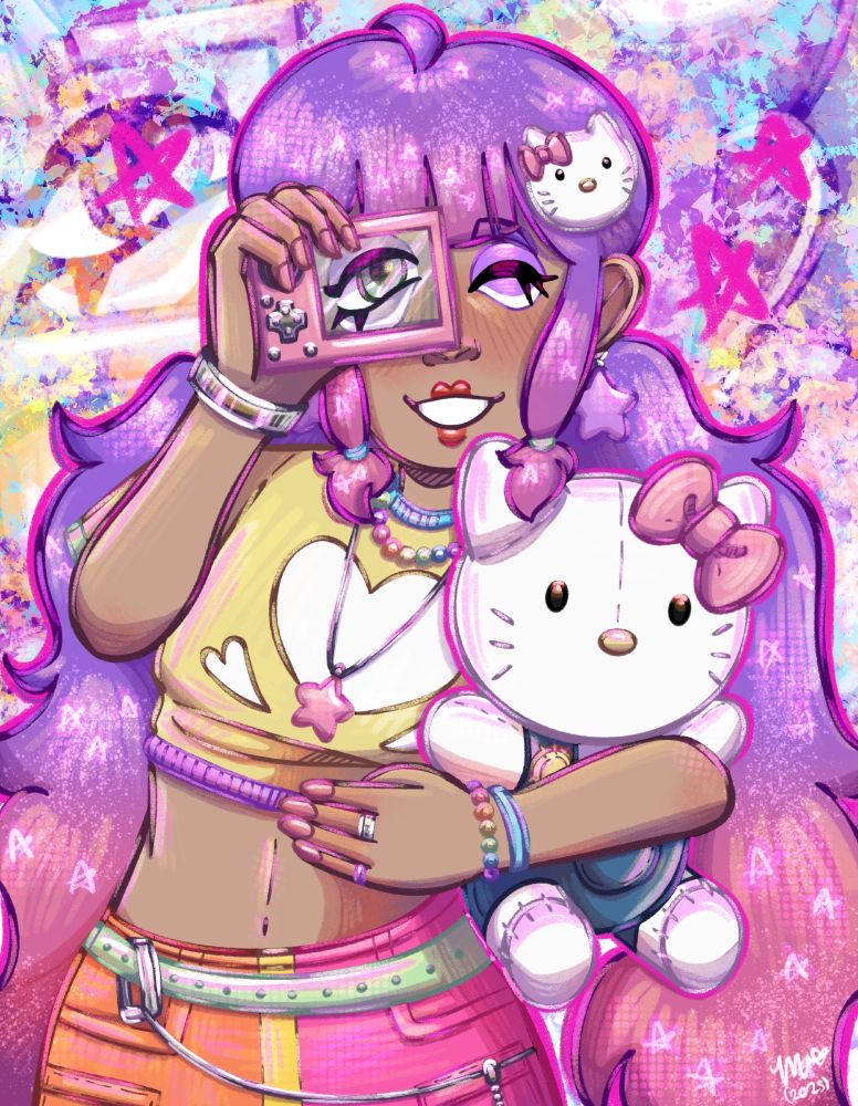aquorsweet's oc, sabrina! she is holding a hello kitty plush and holding a digital camera up to one eye.