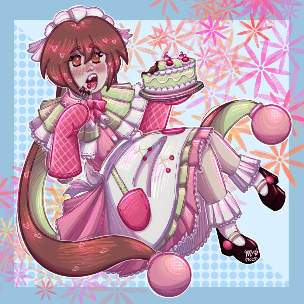 doxomoxo's oc, wisnie (cherry)! she is eating a cake, with a fork in one hand and the half-eaten cake in the other