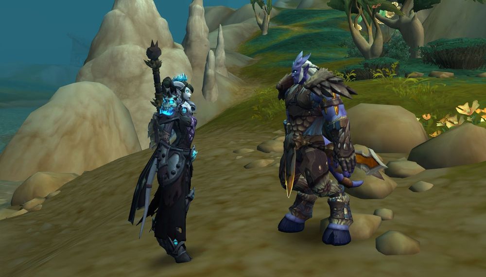 Avehi, female Draenei and Raetos, male Draenei in Hallowfall.