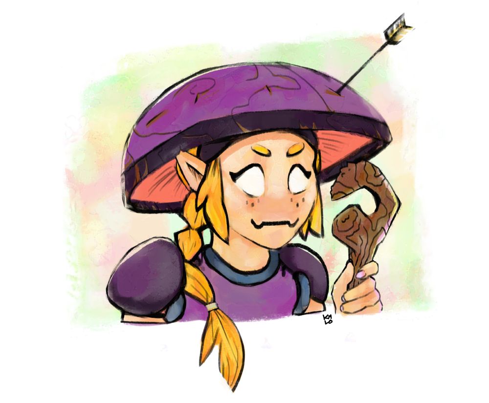 Cartoon portrait of a Iop from Dofus Retro. She is a Iop with orange hair and purple clothes. She is wearing a fruit basket as an helmet with an arrow planted in it.