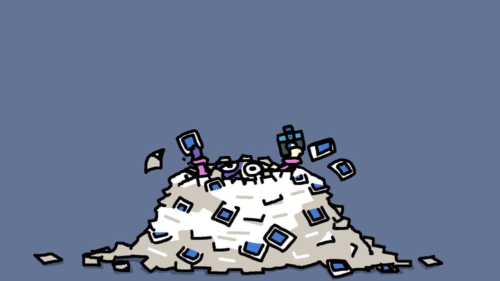 A cartoon cat stuck inside a pile of instant photos