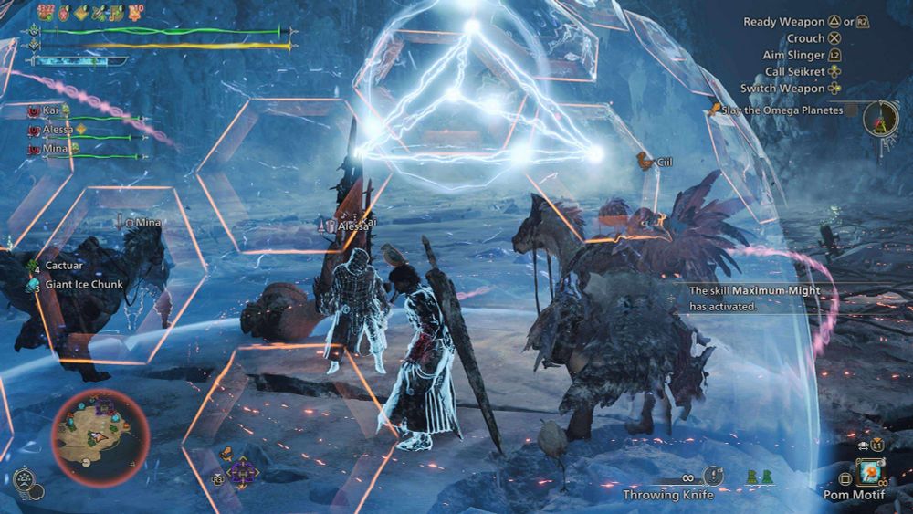 Screenshot from monster hunter. Several hunters stand behind a futuristic blue force field while a giant space robot charges its ultimate attack 