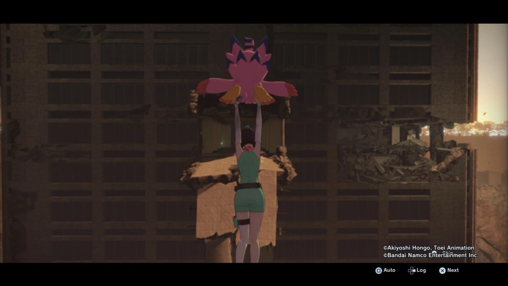 Screenshot from Digimon time stranger. The tiny bird monster is trying and failing to carry the woman across the gap