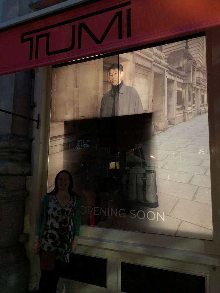 V poor quality pic showing Son advertising Tumi luggage, a photo in a shop window (taken in Royal Exchange, London, a few years ago)
