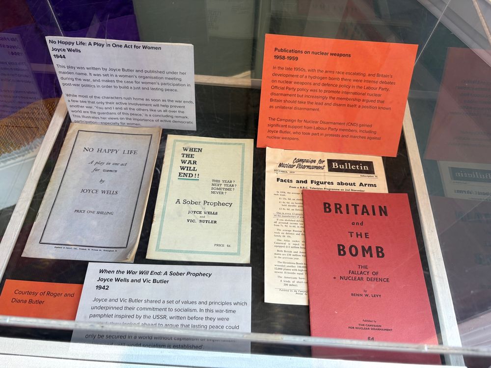 Display case of documents about peace campaigns 