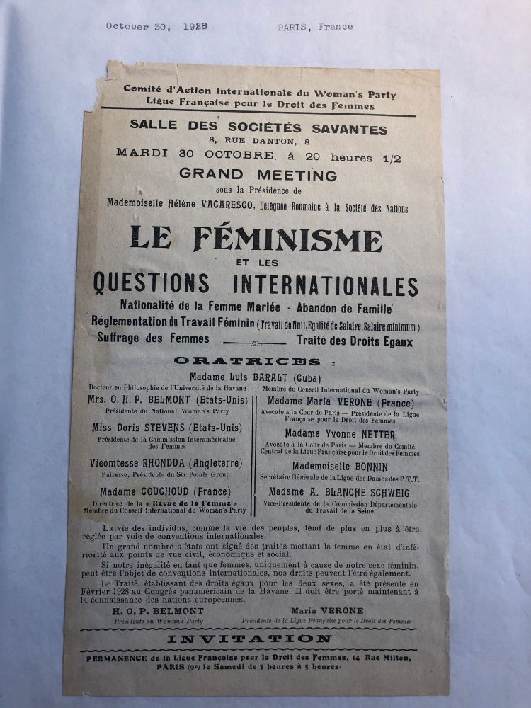 Ligue Francaise pour le droit des Femmes event - leaflet in French, Doris Stevens is a speaker