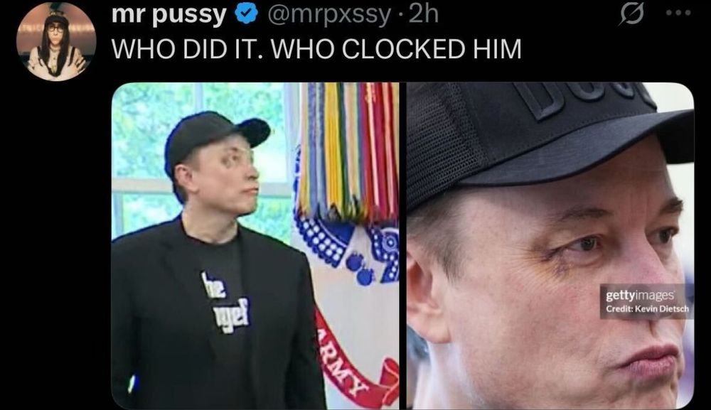 A screenshot of a tweet that shows Elon Musk with a faded black eye and the caption “WHO DID IT. WHO CLOCKED HIM”