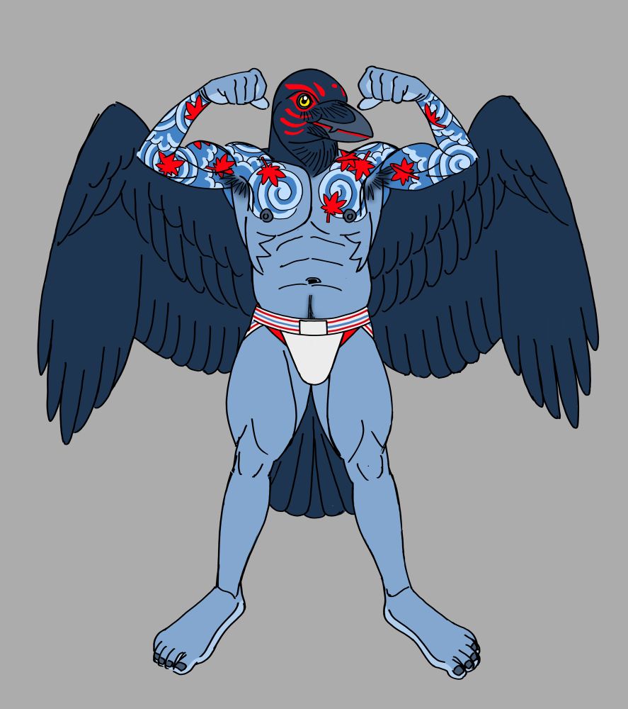 Image of a heavily-tattooed tengu in a jockstrap (Squall) flexing for the viewer.