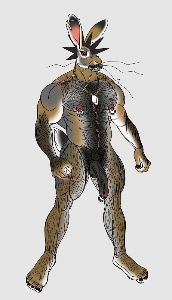A nude masculine and rugged cyborg hare (Gasket).