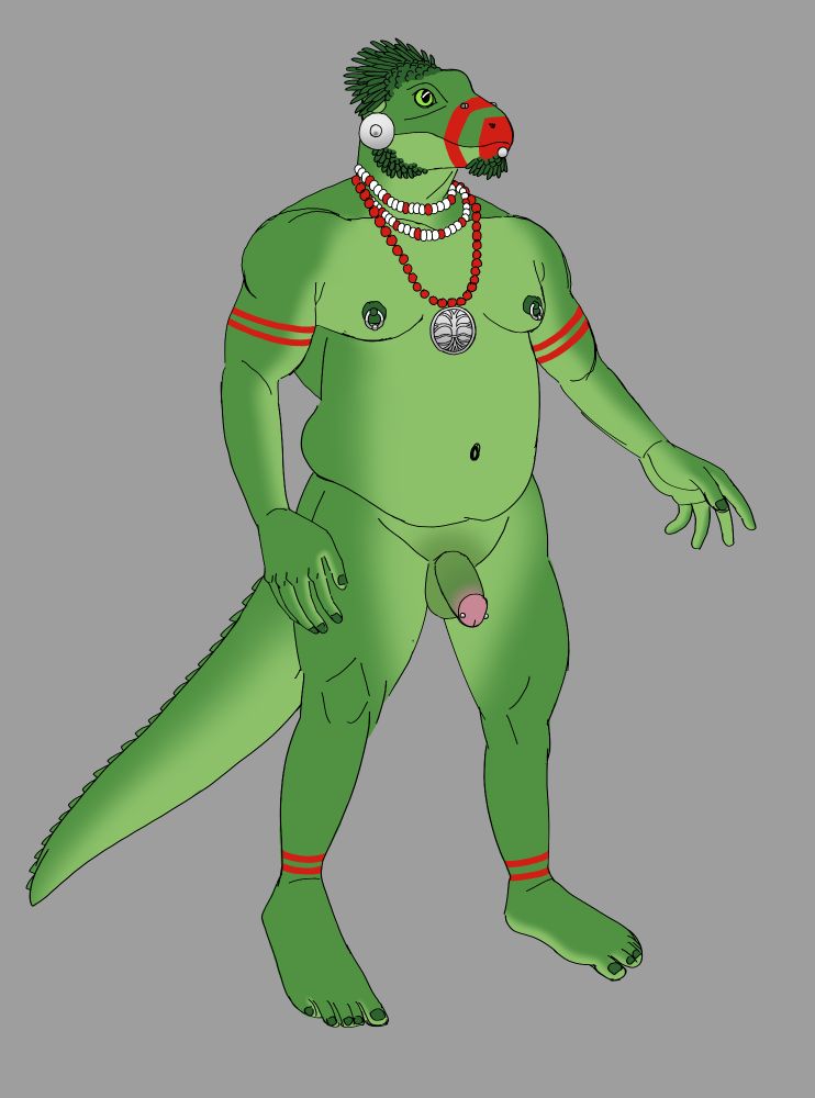 Image of a massive Argonian man with a stout build (Dives-In-Darkest-Waters). A crest of dark green feathers grows from the back of his lizard-like head, with more feathers sprouting from his jaw in a manner not unlike a human man's beard. His emerald scales are painted with red bands, and his powerful body is adorned with silver jewelry. His lip is pierced with a labret, with the bridge of his snout similarly pierced. He sports a pair of rings through his nipples, and a pair of large discs dangle from his earholes. Around his neck hang strands of shell beads, accompanied by a silver medallion carved with the image of a Hist tree. He has discarded his usual loincloth, revealing his thick, pierced cock.