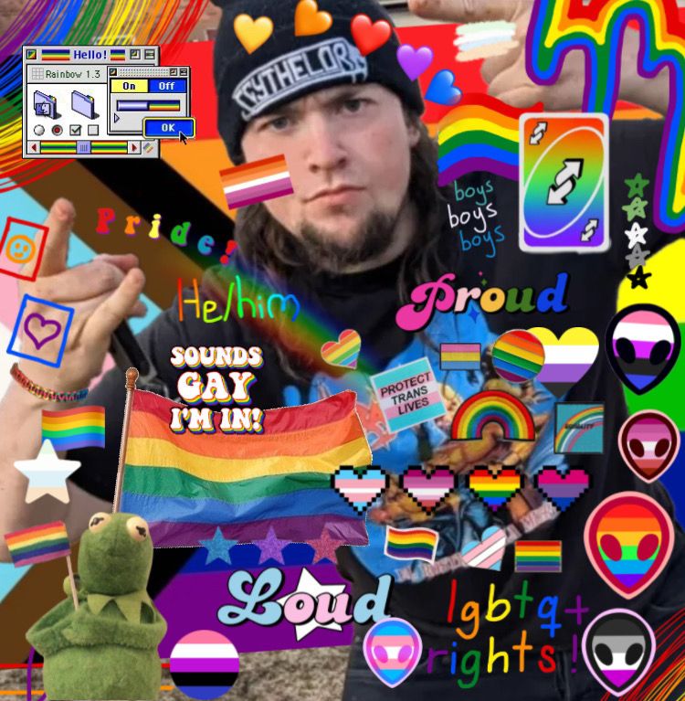 vargskelethor joel with a shit load of pride stickers around him 