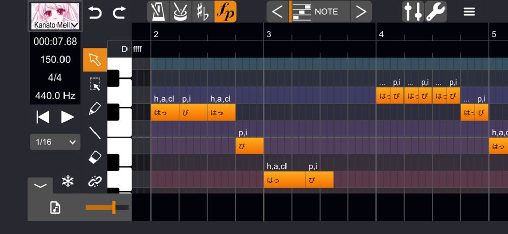 Screenshot from VoiSona iPhone app. Kanato Mell is selected as singer. Piano roll has lyrics and notes inputted for “Happy Happy Happy” meme song.