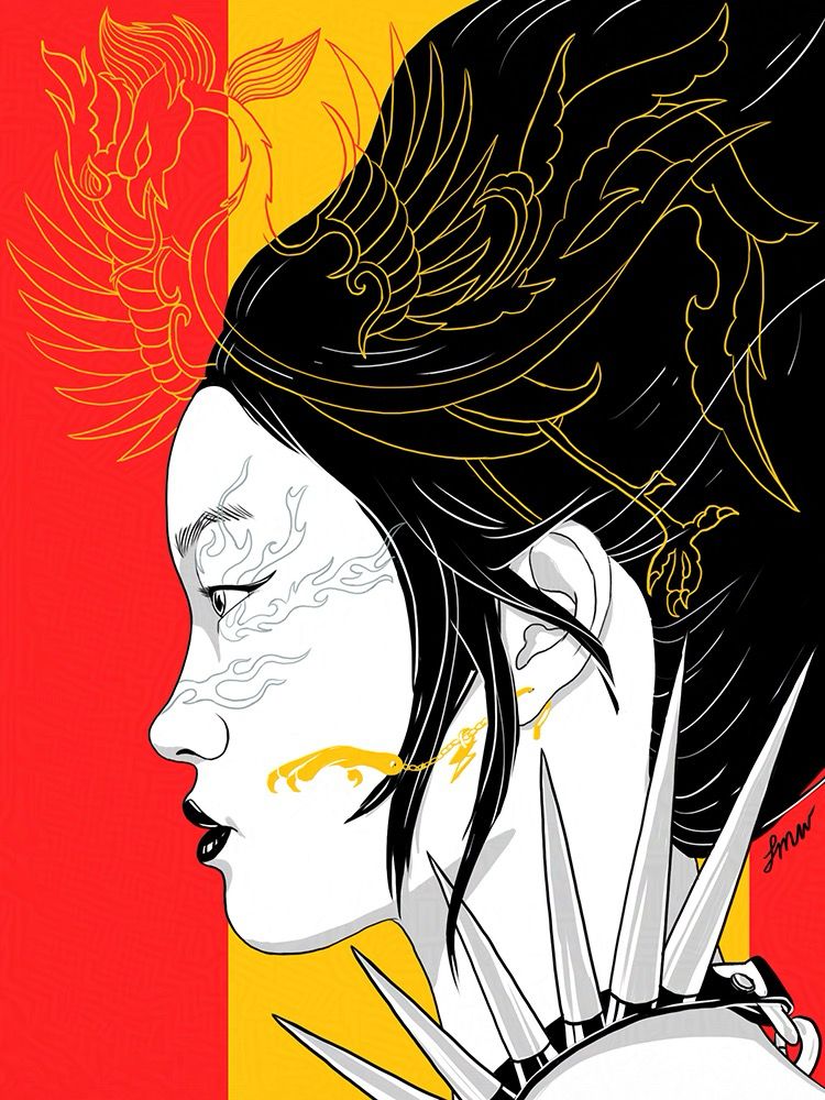A digital flat graphic painting with limited colors of gold, red, black, & white. Portrait of a woman of Chinese descent wearing a spiked harness, black lipstick, cat eye makeup, and a gold talon earring with a lightning bolt dangling from her cheek. She has grey stylized fire markings on her face and a detailed gold and red Phoenix hovering above her head. The Phoenix is inspired by a pingtuo carving from the Tang Dynasty.