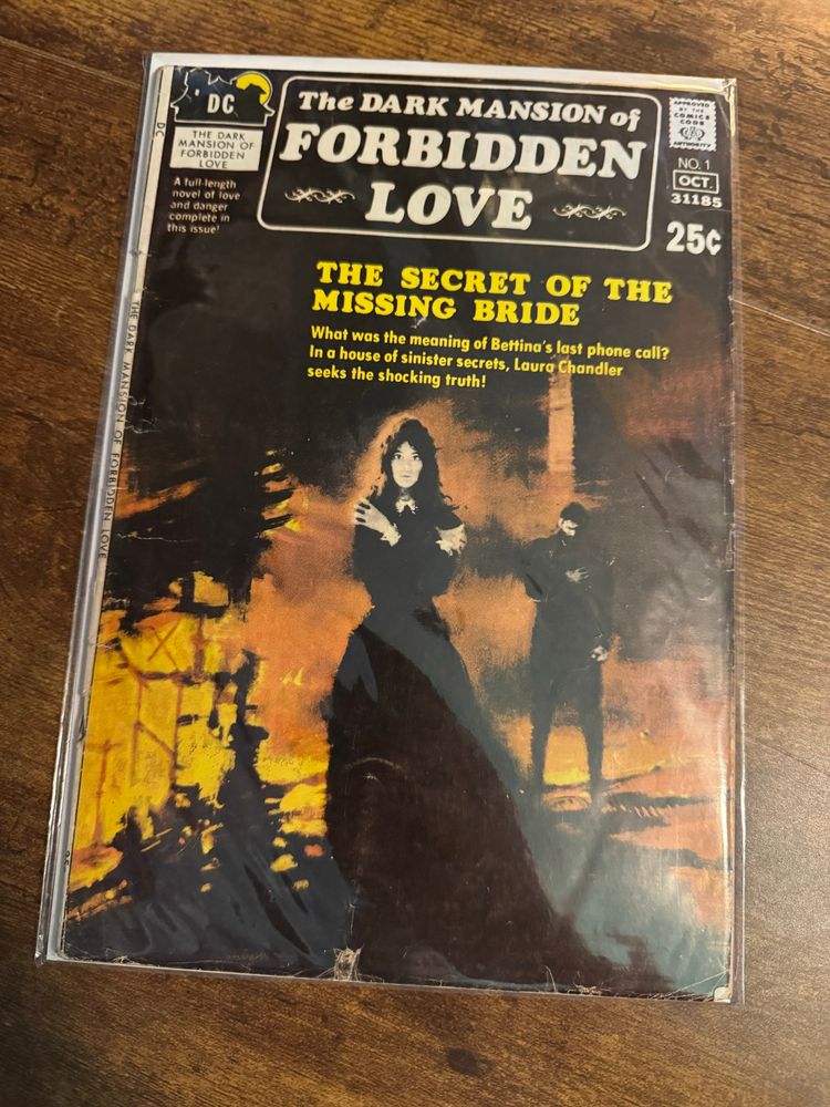 An eerie image in shades of orange and blacks depicts a woman dressed in black standing in front of the burning flames of a fire, another figure, that of man is in the far distance. The woman’s face is expressionless, her eyes seem to stare directly at you. The text reads: 

“THE SECRET OF THE MISSING BRIDE
What was the meaning of Bettina's last phone call?
In a house of sinister secrets, Laura Chandler seeks the shocking truth!”
