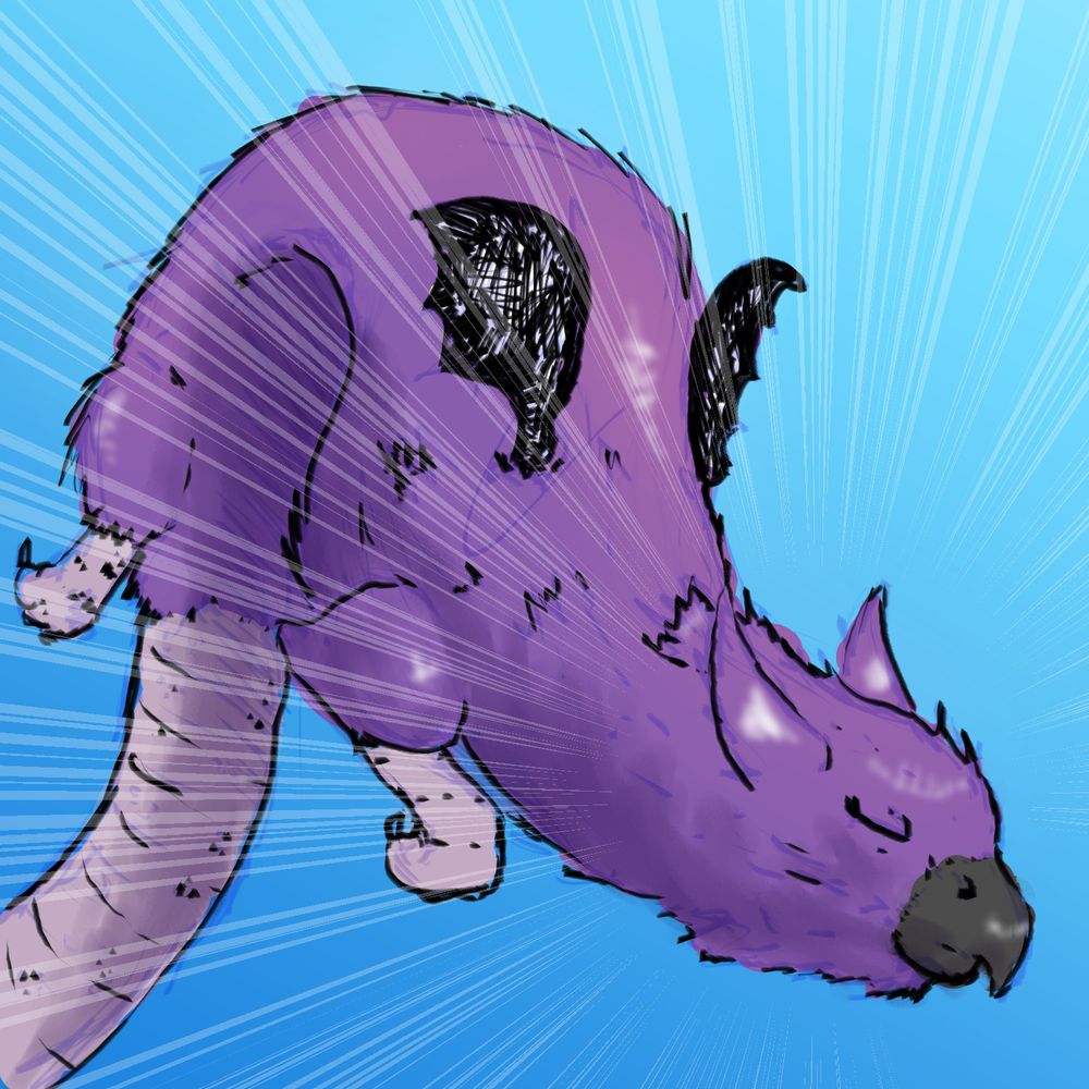 A messy colored sketch of a rat-like griffin with tiny bat wings, eyes shut, it is curled in the air, poised for a dive.