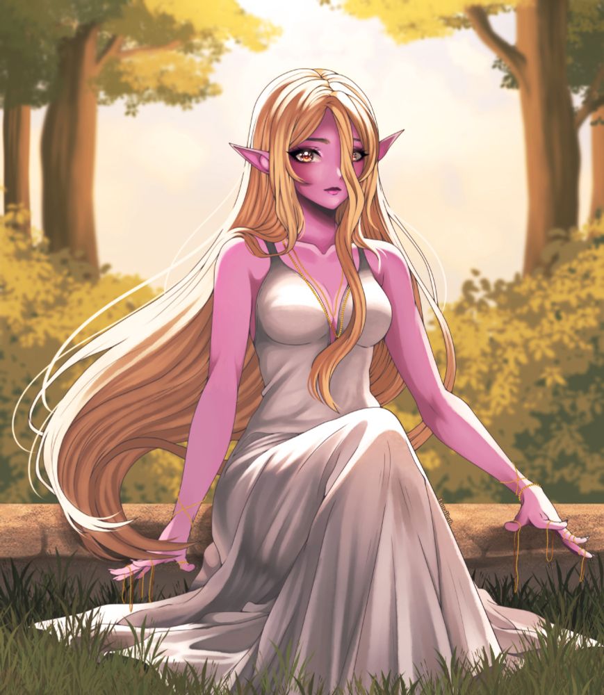 The illustration depicts a fantasy elf character with purple skin and long, flowing blonde hair. She has pointed ears and golden eyes. She is seated on a rock in a sunlit forest clearing, surrounded by tall trees and greenery. The character is wearing a long, elegant white dress with gold jewelry on her neck and wrists.