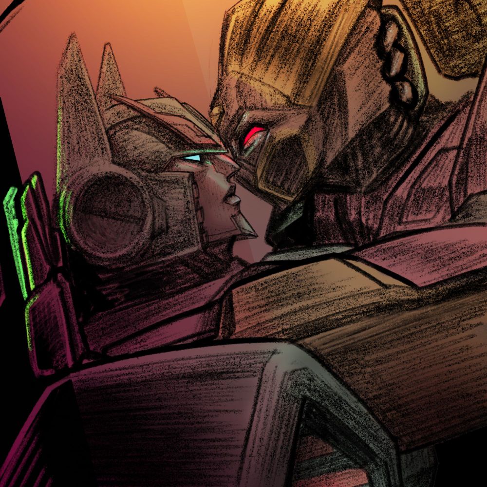 Day 8: Stuck in an Elevator. Another messy sketch with pink-tinted gradients as colors. Strika (on the right) has her arm slung over Pyra Magna's shoulder (on the left) and is pressing the elevator's button panel which glows green. It looks like their heads are almost touching and Strika's mirthful expression is met with Pyra Magna's frown. Why am I even writing this. Who even reads this.