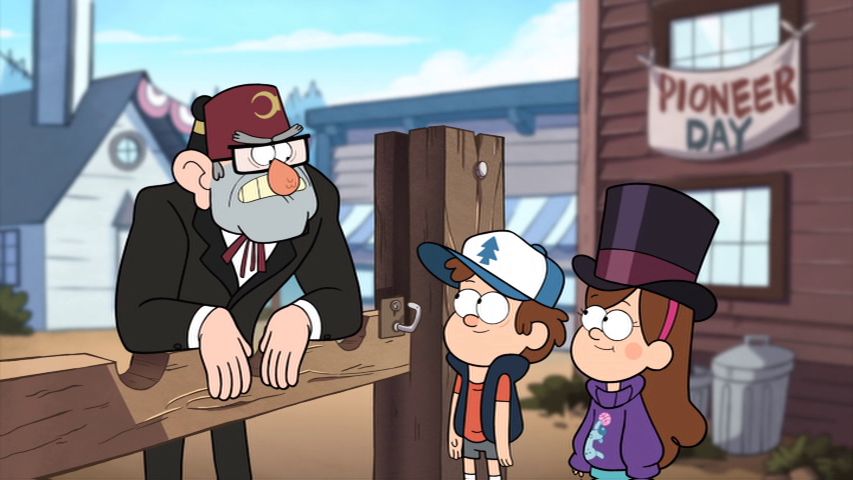 A screenshot from "Gravity Falls." Dipper and Mabel (who is wearing a top hat) talk to Stan, who is standing next to an open stock (device for public humiliation). A banner that says "Pioneer Day" is in the background.