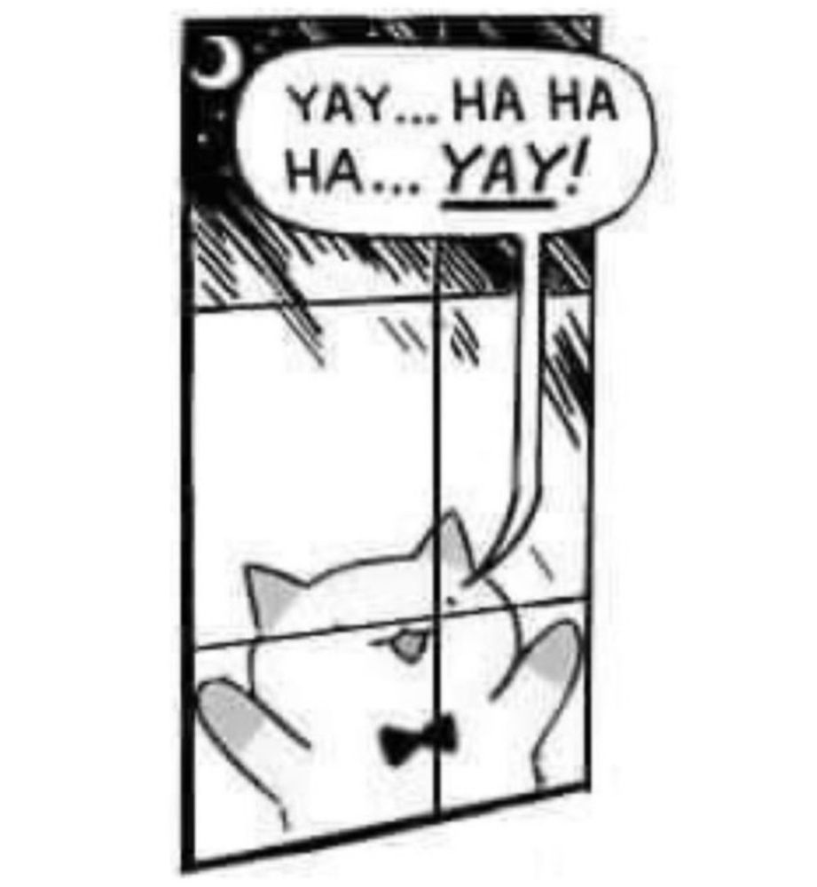 “Sickos” meme but it’s a little kitty in a bow tie at the window going “yay… ha ha ha… YAY!”