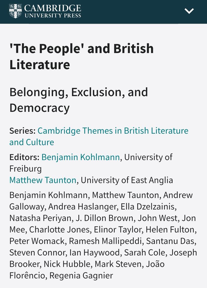 As previous image but with list of contributors: Benjamin Kohlmann, Matthew Taunton, Andrew Galloway, Andrea Haslanger, Ella Dzelzainis, Natasha Periyan, J. Dillon Brown, John West, Jon Mee, Charlotte Jones, Elinor Taylor, Helen Fulton, Peter Womack, Ramesh Mallipeddi, Santanu Das, Steven Connor, Ian Haywood, Sarah Cole, Joseph Brooker, Nick Hubble, Mark Steven, João Florêncio, Regenia Gagnier