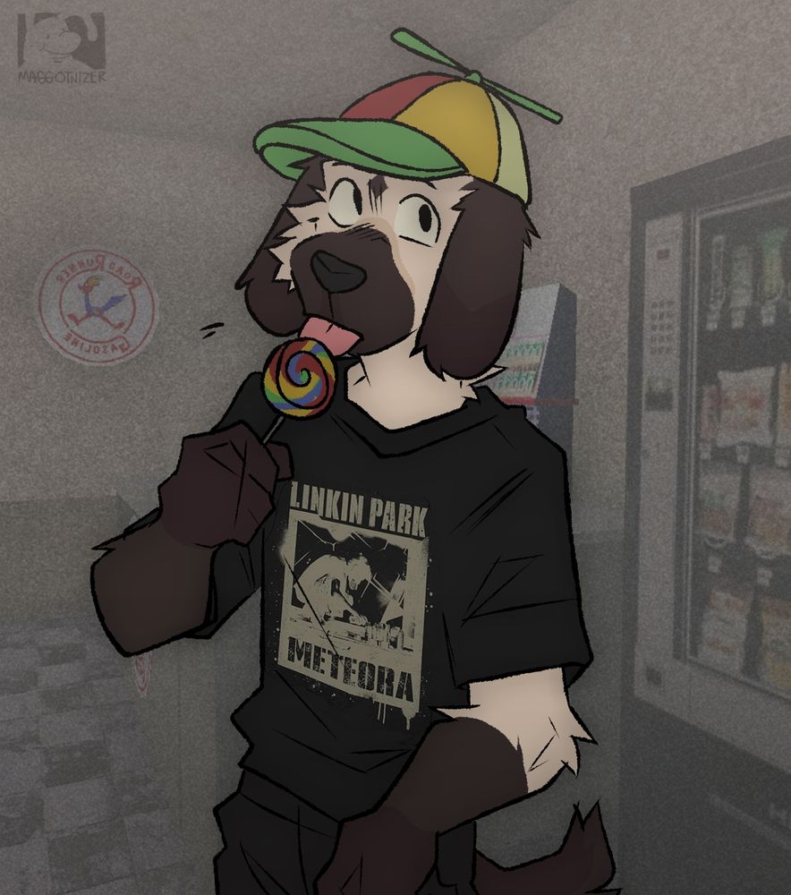 a hound-like brown and beige dog fursona, holding a spiraled rainbow lollipop and a propeller cap, also wearing a Linkin Park bang t-shirt