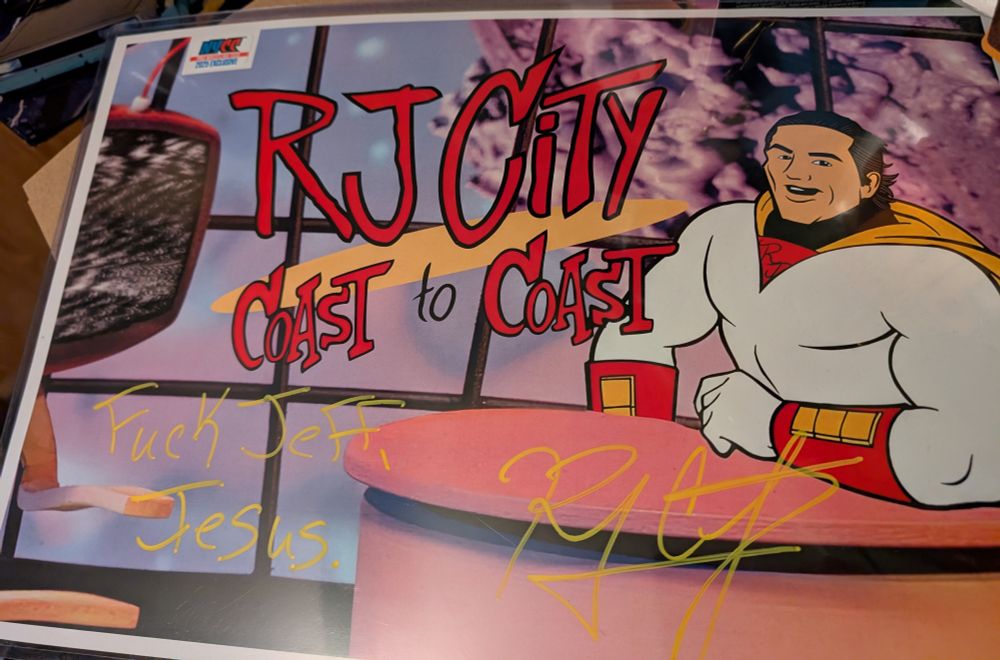 A signed NYCC RJ City Space Ghost print, inscribed "Fuck Jeff, Jesus"
