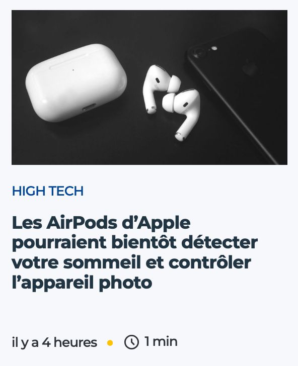 RTBF "High Tech, "Les AirPods d'Apple pourraient bientôt détecter votre sommeil et contrôler l'appareil photo", rtbf.be + photo d'écouteurs sans fils APPLE