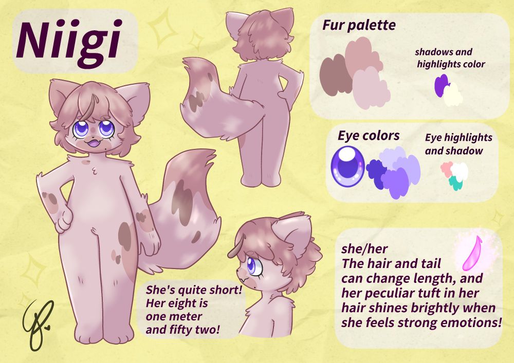 Reference sheet of a oc named Niigi. She is an anthropomorphic animal and has the appearance of a hybrid between a cat and a fox. She is chubby and short, and she have bright soft violet eyes!