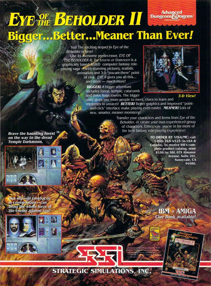Scan of magazine advertising for Eye of the Beholder II by SSI in the issue #1 of Amiga World Volume 8, in January 1992