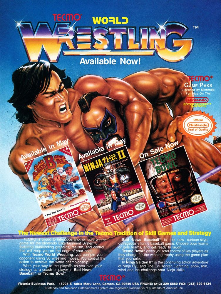 Scan of magazine advertising for Tecmo World Wrestling & other games by Tecmo in the issue #1 of Future Play Catalog, in April 1990