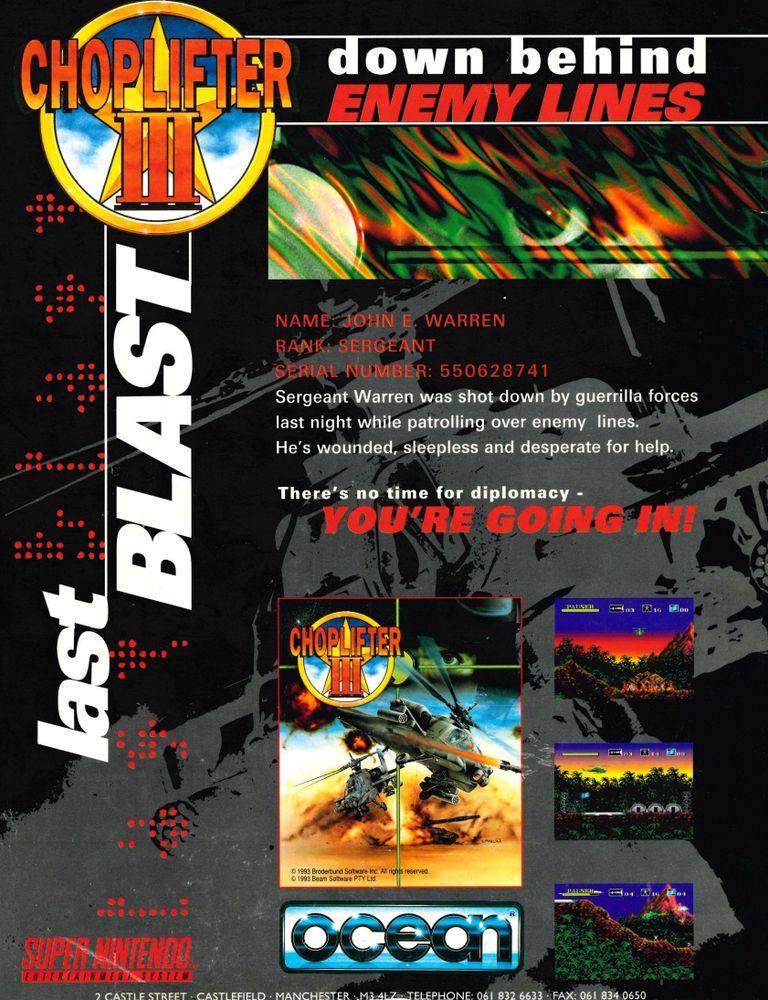Scan of magazine advertising for Choplifter III by OCEAN in the issue #1 of Super Gamer, in April 1994