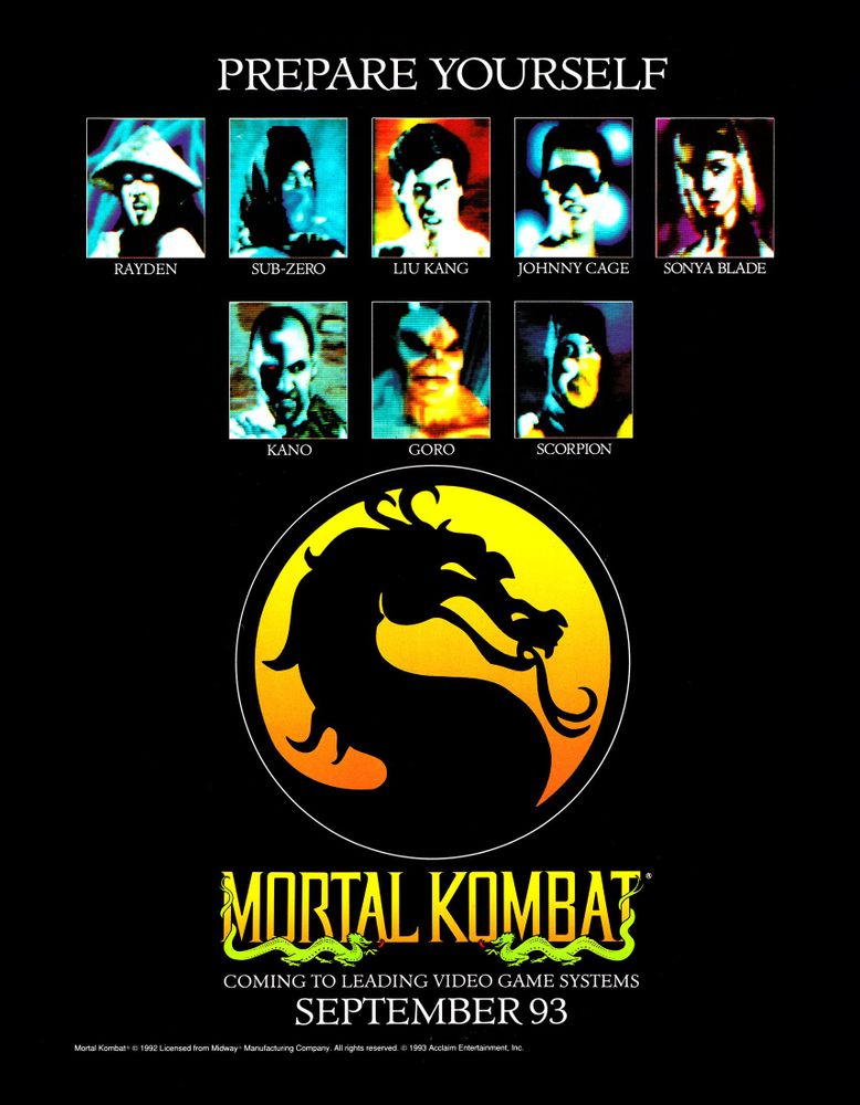 Scan of magazine advertising for Mortal Kombat by Acclaim & Midway in the issue #10 of Super NES Buyers Guide, in September 1993