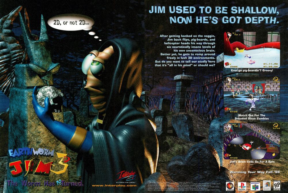 Scan of magazine advertising for Earthworm Jim 3D by Interplay in the issue #12 of Playstation Magazine, in August 1998