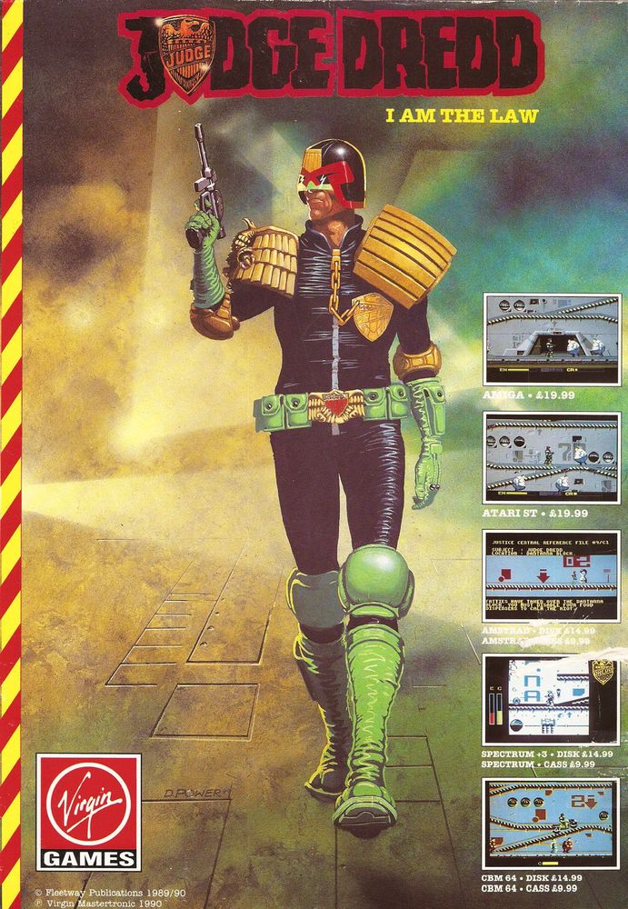 Scan of magazine advertising for Judge Dredd by Virgin Games in the issue #16 of Amiga Format, in November 1990