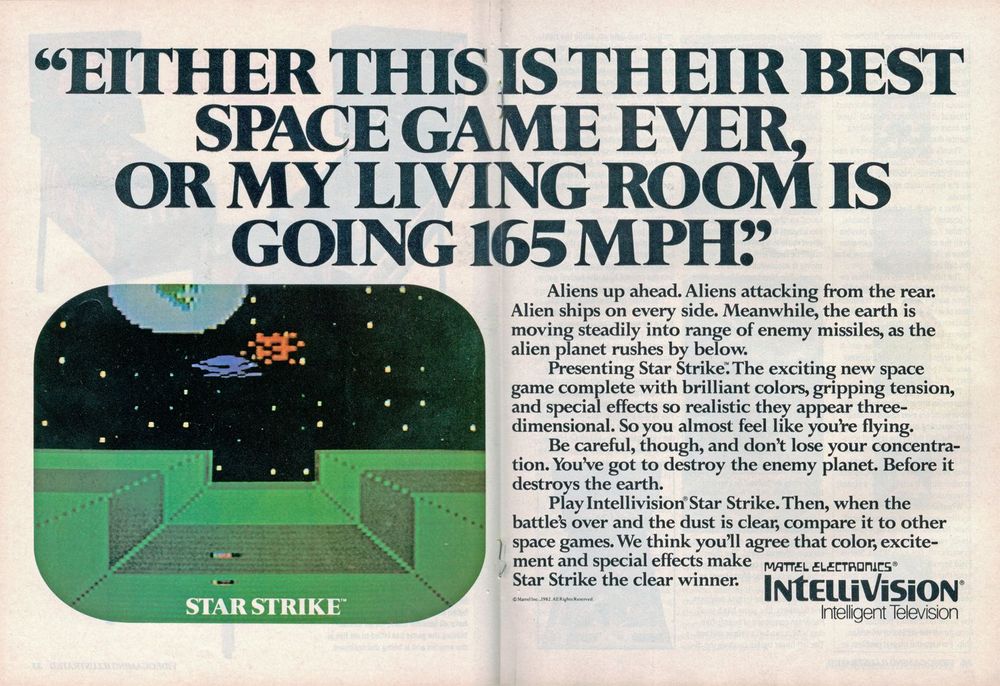 Scan of magazine advertising for Star Strike by Intellivision & Mattel in the issue #2 of Videogaming Illustrated, in October 1982