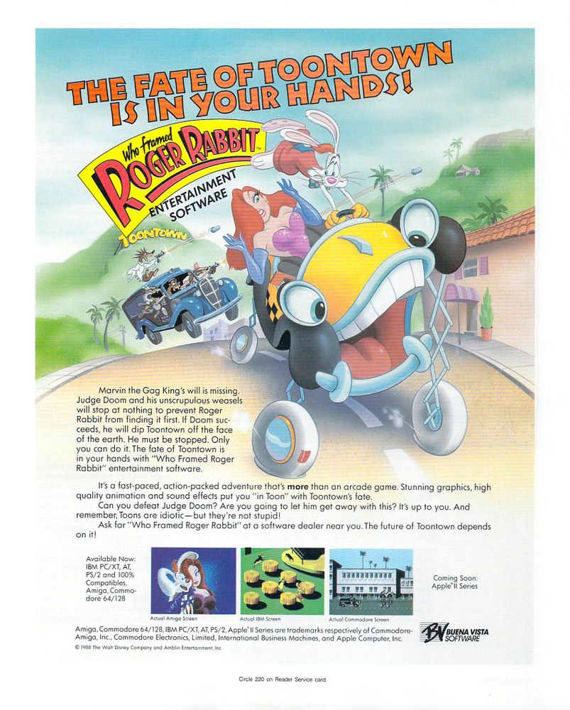 Scan of magazine advertising for Who Framed Roger Rabbit by Buena Vista Software in the issue #10 of Amiga World Volume 4, in October 1988