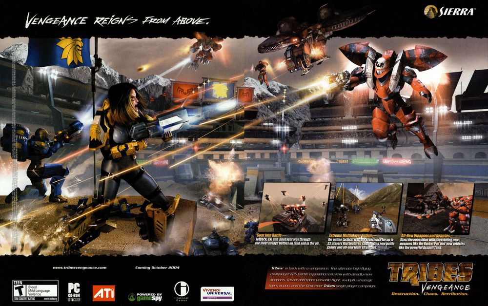 Scan of magazine advertising for Tribes Vengeance by Irrational Games & Vivendi in the issue #22 of GMR, in November 2004