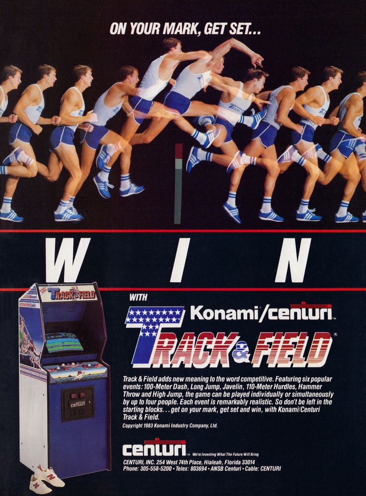 Scan of magazine advertising for Track & Field Arcade by Konami & Centuri in the issue #18 of Video Games, in March 1984