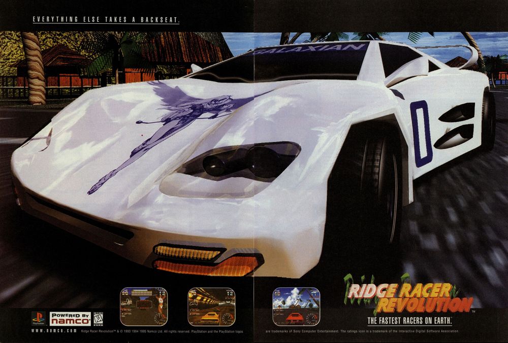 Scan of magazine advertising for Ridge Racer Revolution by Namco in the issue #89 of Ultra Game Players, in October 1996