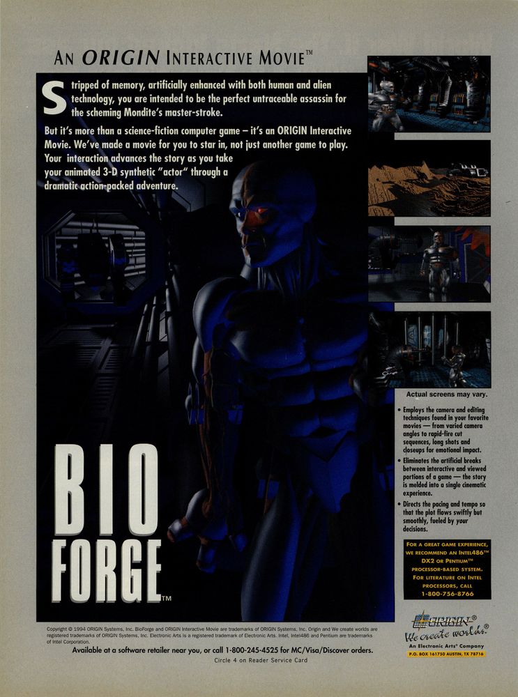 Scan of magazine advertising for BioForge by Origin in the issue #3 of Electronic Entertainment, in March 1994