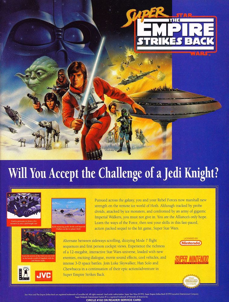 Scan of magazine advertising for Super Star Wars The Empire Strikes Back by Lucas Arts & JVC in the issue #61 of Videogames The Ultimate Gaming Magazine, in February 1994