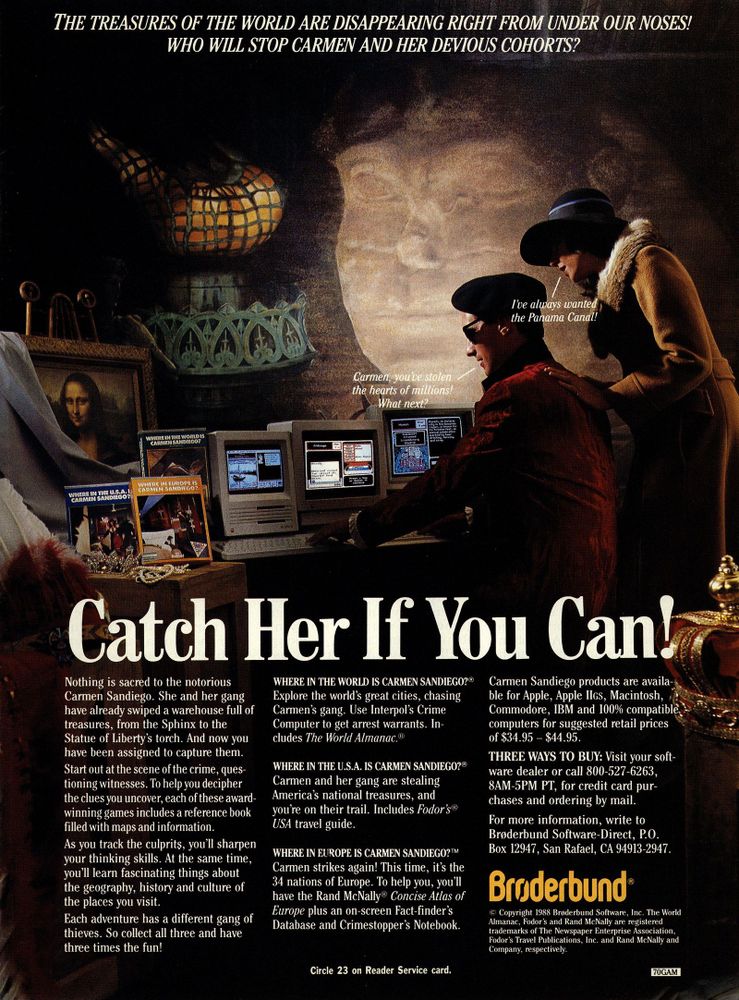 Scan of magazine advertising for Carmen Sandiego by Broderbund in the issue #1 of PC Games, in September 1988